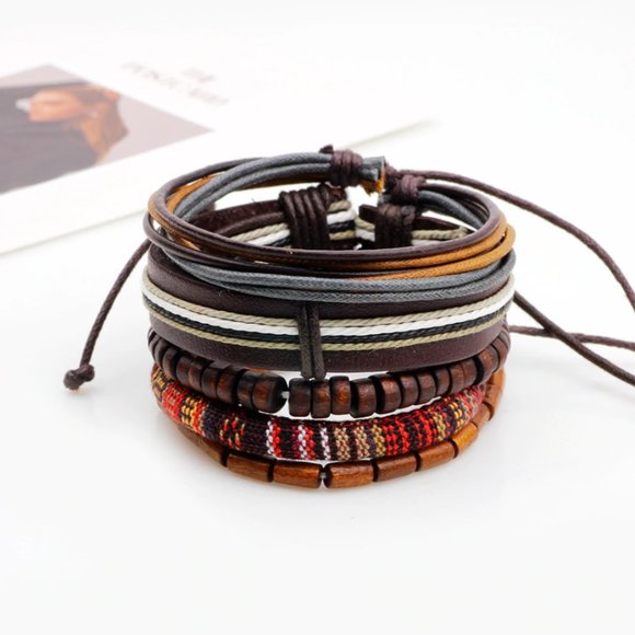 Boho 5 PC Set Wood Beads Leather Bracelets - Picture 2 of 7